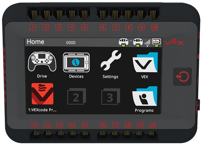 V5 Brain acceso, con lo schermo che mostra il menu Home.