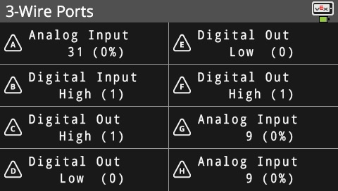 Het Brain-scherm wordt weergegeven in het menu 3 Wire Ports Info met de aangepaste 3 Wire-poortinstellingen, waarbij voorbeelden van alle 4 instellingsopties worden weergegeven.