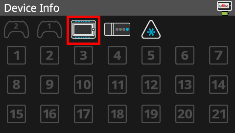 Layar Brain ditampilkan di menu Info Perangkat yang memiliki daftar semua Port Cerdas Brain dan perangkat yang terhubung. Ikon Otak di menu Info Perangkat disorot untuk menunjukkan bahwa item dapat dipilih untuk membuka menu informasinya.