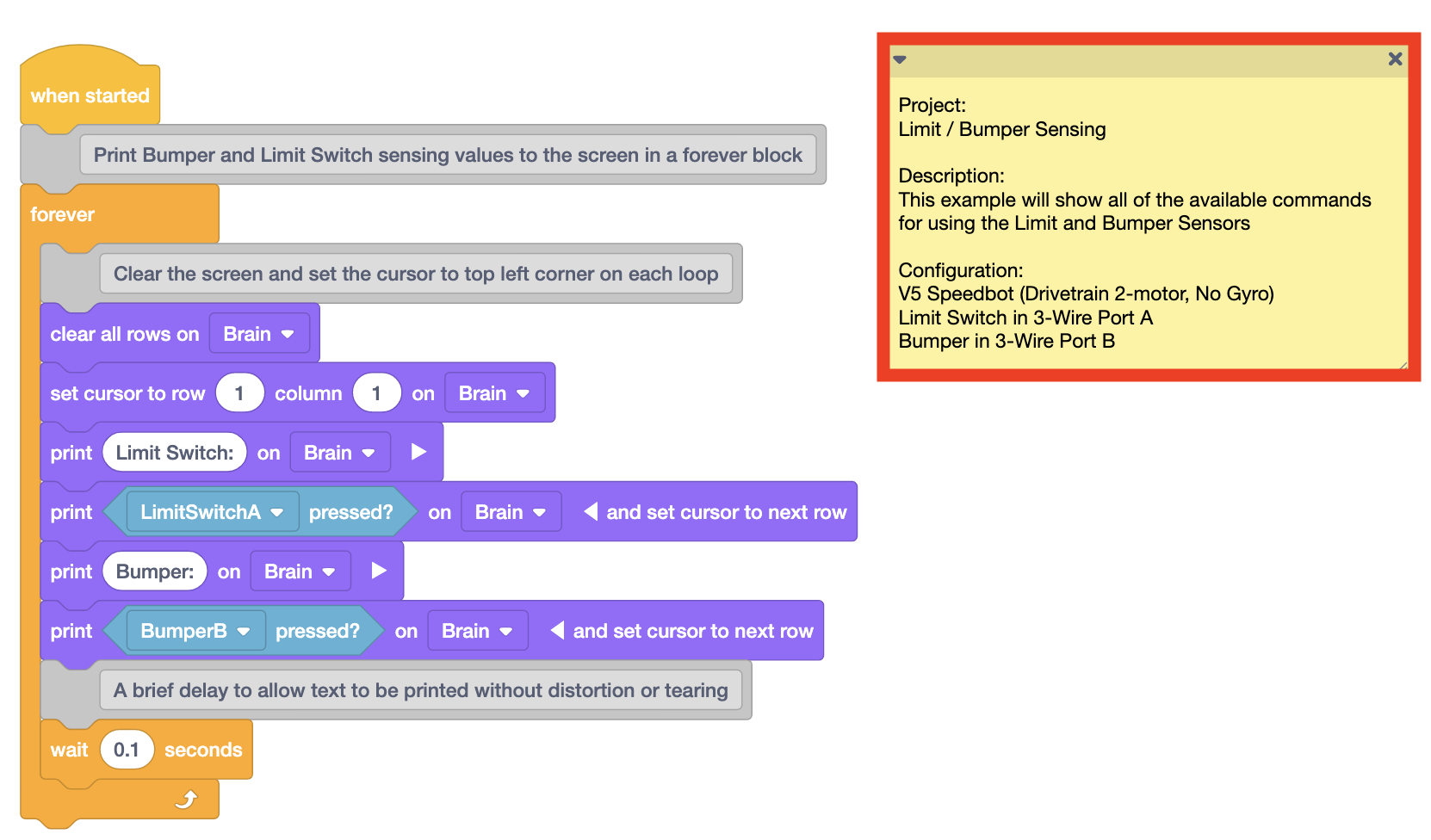 Diagrama ilustrando a configuração e a conexão dos sensores V5, incluindo etiquetas para cada componente e detalhes de fiação, para ajudar os usuários a entender a integração do sensor para aplicações de robótica.