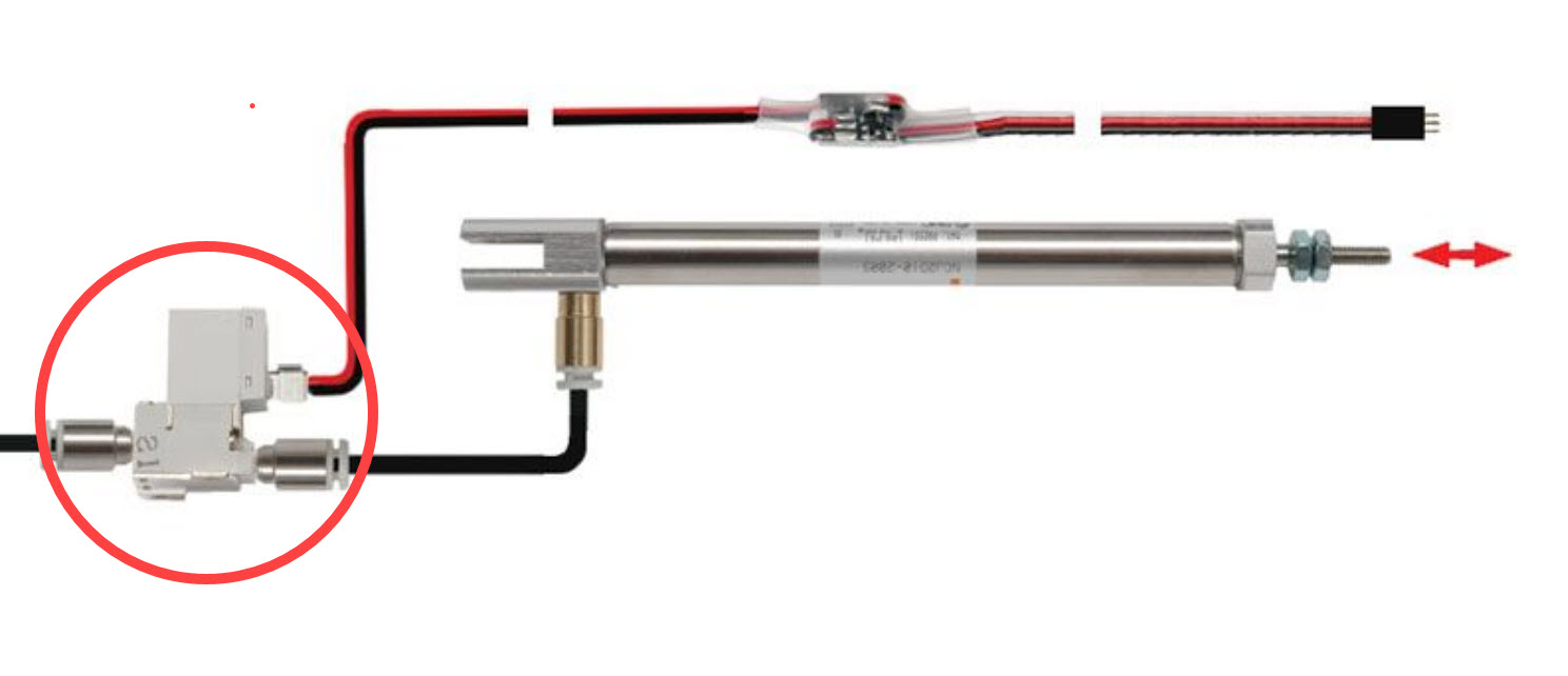 Pneumatický solenoidový ventil používaný ve 3-vodičových zařízeních V5, vyznačující se kompaktním designem s elektrickými konektory a pneumatickými porty, ilustrující jeho použití v robotických a automatizačních systémech.