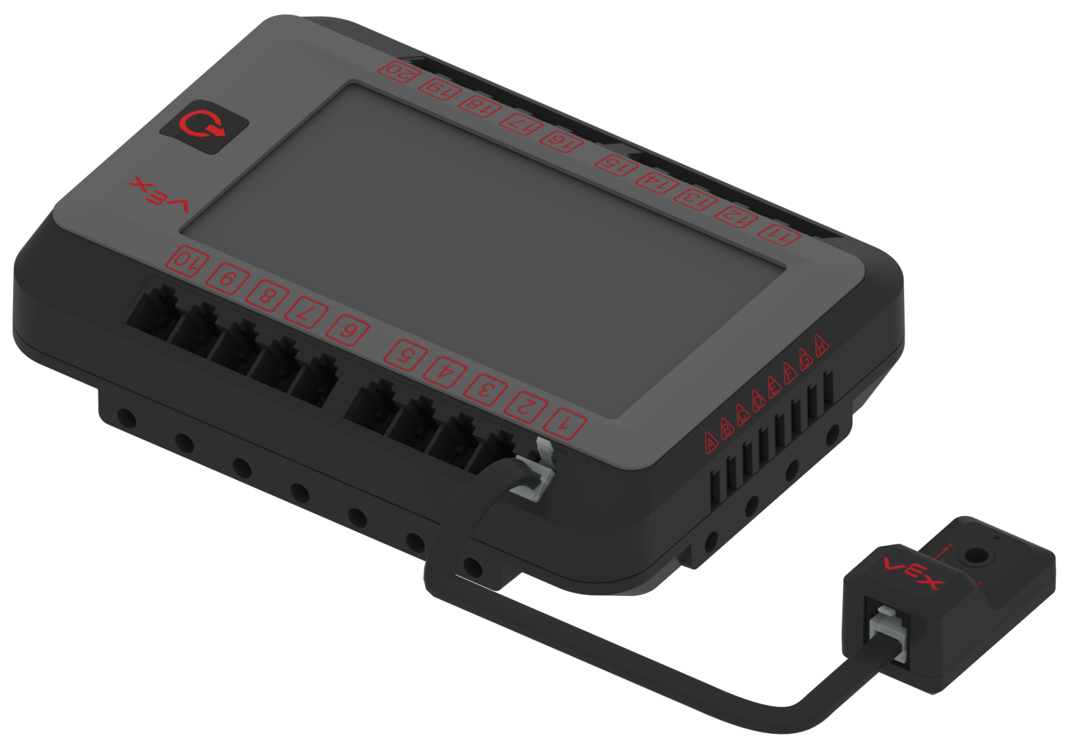 Sensor inercial VEX V5 conectado al cerebro V5, que ilustra la configuración para usar sensores en aplicaciones robóticas.
