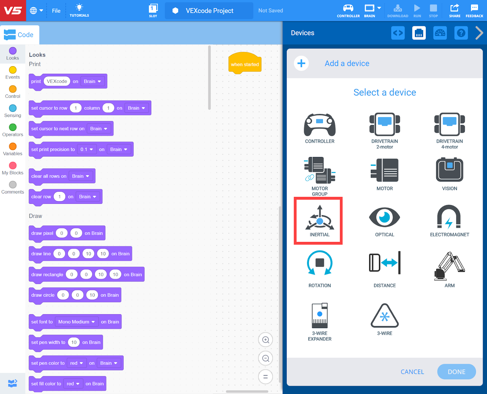Menu Dispositivi VEXcode V5 dopo aver selezionato il pulsante Aggiungi un dispositivo. L'opzione Inerziale è evidenziata.