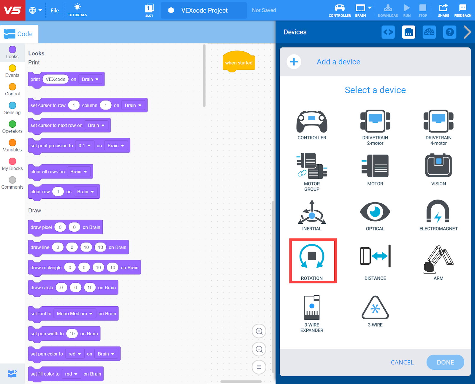 เมนูอุปกรณ์ VEXcode V5 หลังจากเลือกปุ่มเพิ่มอุปกรณ์แล้ว ตัวเลือกการหมุนจะถูกเน้น
