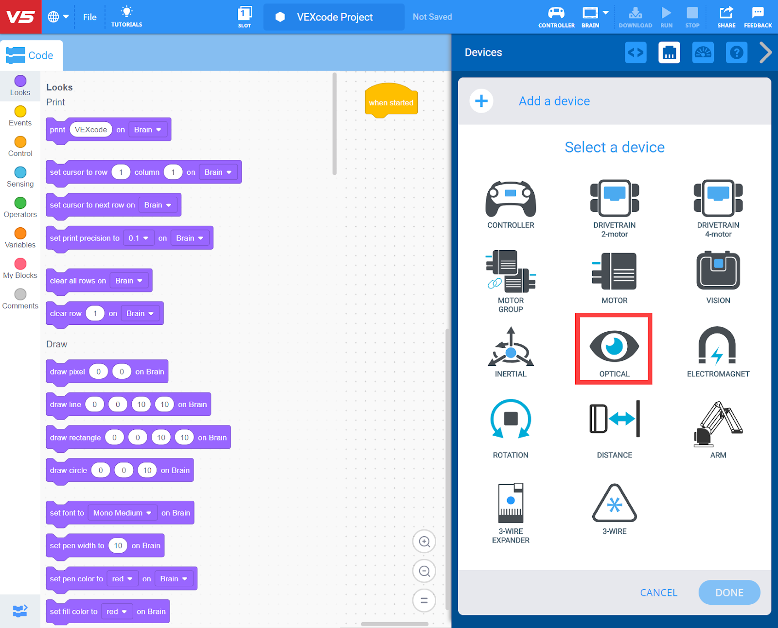 Menu Thiết bị VEXcode V5 sau khi nút Thêm thiết bị được chọn. Tùy chọn Quang học được đánh dấu.