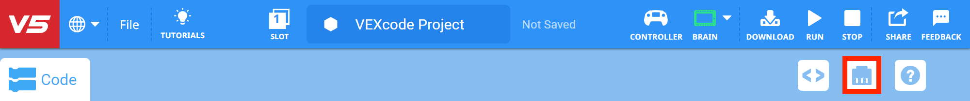 VEXcode V5 Toolbar mit hervorgehobenem Gerätesymbol zwischen den Symbolen Code Viewer und Druckkonsole.