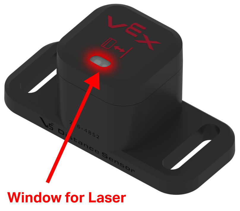 O sensor de distância V5 é mostrado com a janela para o seu laser destacada e identificada.