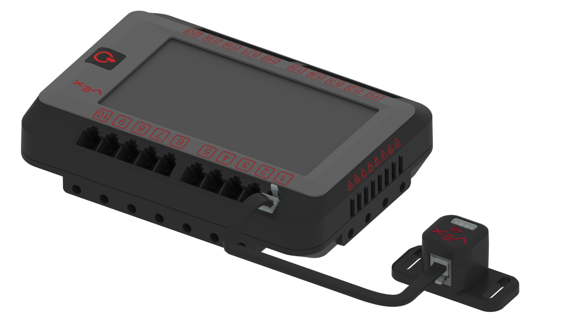 แสดงให้เห็นว่าเซ็นเซอร์ออปติคัล V5 เชื่อมต่อกับ V5 Brain โดยใช้สายเคเบิลอัจฉริยะ