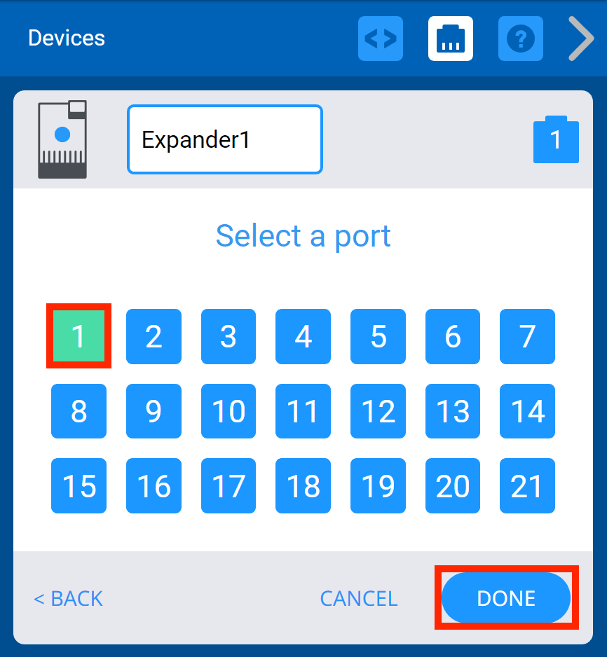 VEXcode V5 Devices мәзірі жаңа 3-Wire Expander Smart Port опциясын 1-ге орнатқаннан кейін. Төменде Дайын түймесі бөлектелген.