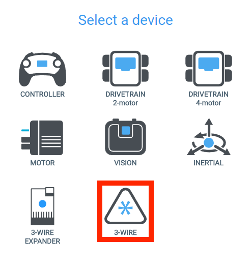 Menu VEXcode V5 devices após selecionar o botão Adicionar um dispositivo. A opção de 3 fios está realçada.
