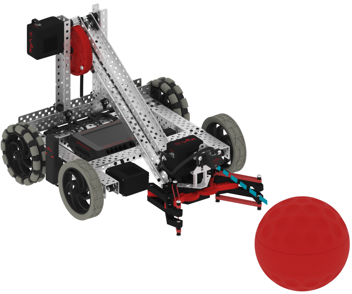 Der V5-Distanzsensor ist an der Vorderseite eines Greifarms eines V5-Roboters angebracht. Vor dem Sensor befindet sich eine rote Kugel, die anzeigt, dass der Sensor zur Objekterkennung verwendet werden kann.