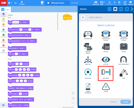 Menu VEXcode V5 devices após selecionar o botão Adicionar um dispositivo. A opção Distância está realçada.