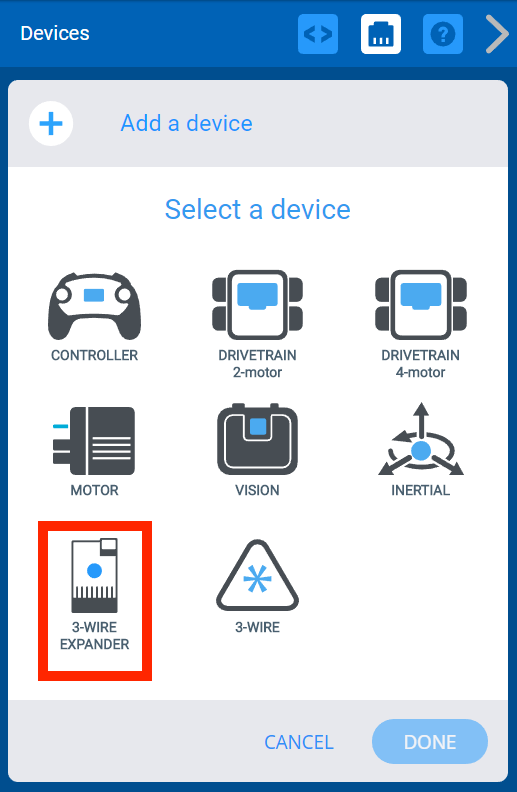 เมนูอุปกรณ์ VEXcode V5 หลังจากเลือกปุ่มเพิ่มอุปกรณ์แล้ว ตัวเลือกขยาย 3 สายถูกเน้นไว้