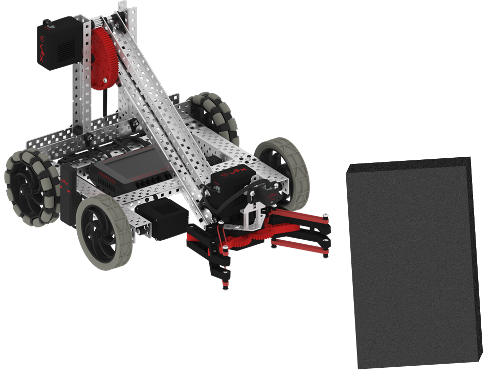 A V5 távolságérzékelő egy V5 robotmodell karjára szerelve látható. Egy habtömböt helyeztek az érzékelő elé.