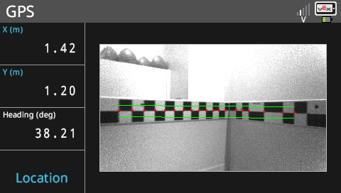 センサーのデータを一覧表示する GPS センサー メニューに Brain 画面が表示されます。 メニューには、X 位置、Y 位置、および方位のデータが度単位で表示されます。 メニューにはセンサーからのビデオ プレビューも表示され、オーバーレイには、プレビューに表示される GPS フィールド コードをセンサーが表示および識別できることが示されます。