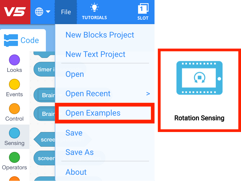Toolbar VEXcode V5 dengan menu File terbuka dan opsi Buka Contoh disorot. Buka Contoh adalah opsi kelima dalam menu, di bawah Proyek Blok Baru, Proyek Teks Baru, Buka, dan Buka Terbaru. Di samping tangkapan layar, gambar mini untuk contoh proyek Penginderaan Rotasi ditampilkan.