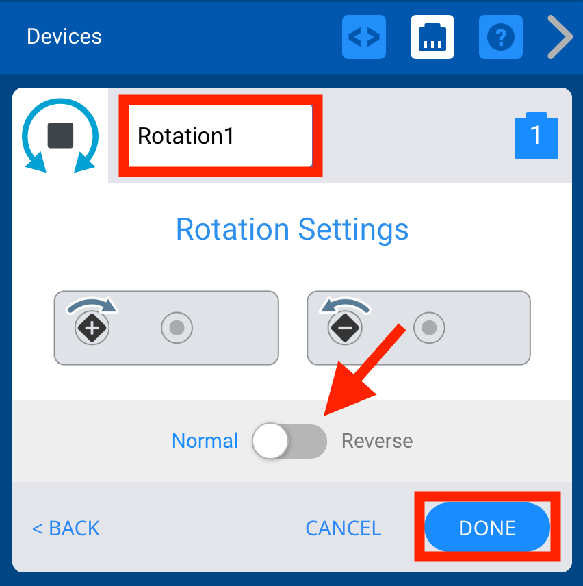 Menú de dispositivos VEXcode V5 después de seleccionar el puerto inteligente y con las opciones del sensor de rotación mostradas. Las opciones se pueden utilizar para cambiar el nombre del sensor e invertir la dirección de rotación detectada. El botón Listo en la parte inferior derecha está resaltado.