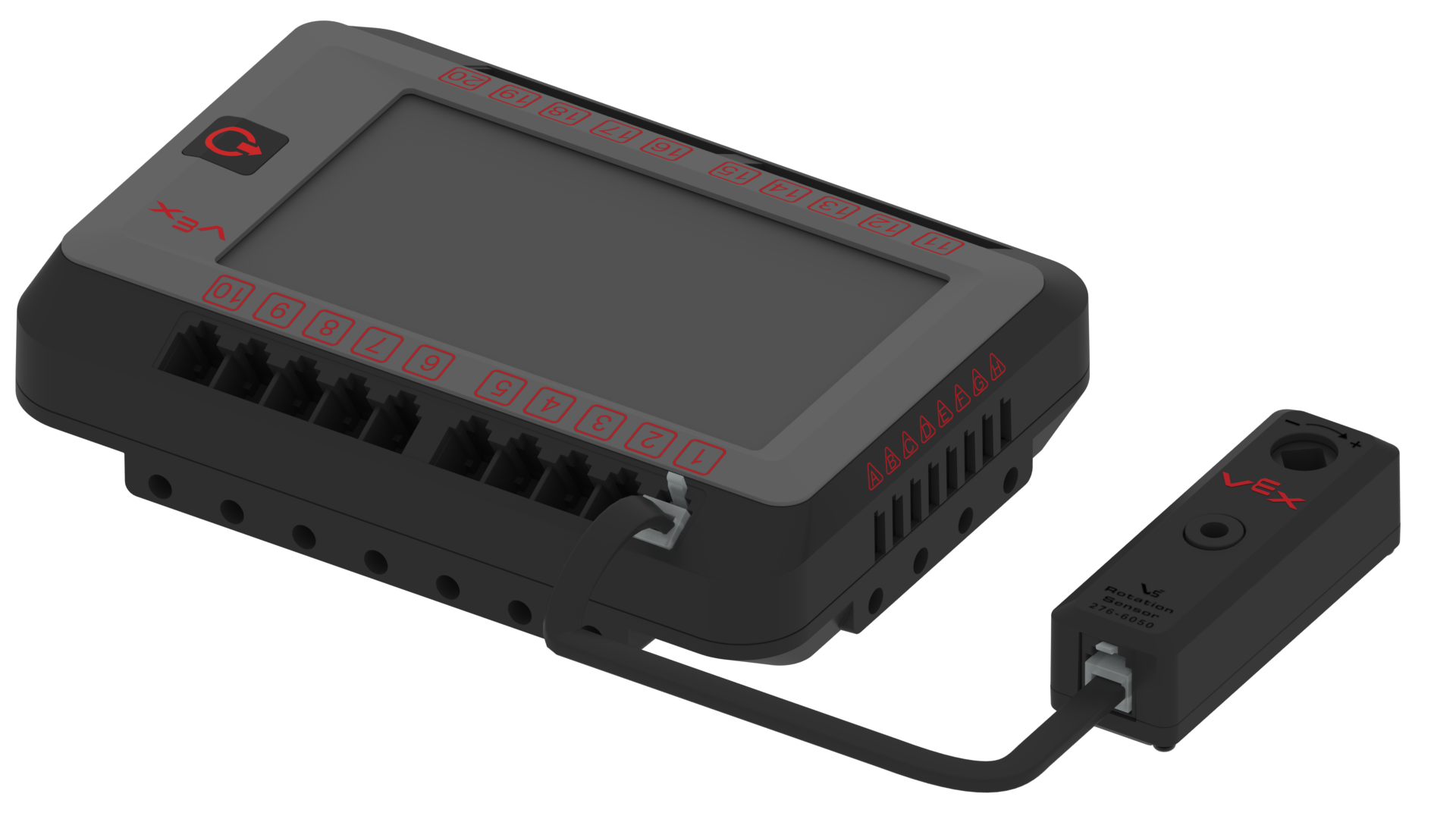 El sensor de rotación V5 se muestra conectado a un cerebro V5 mediante un cable inteligente.