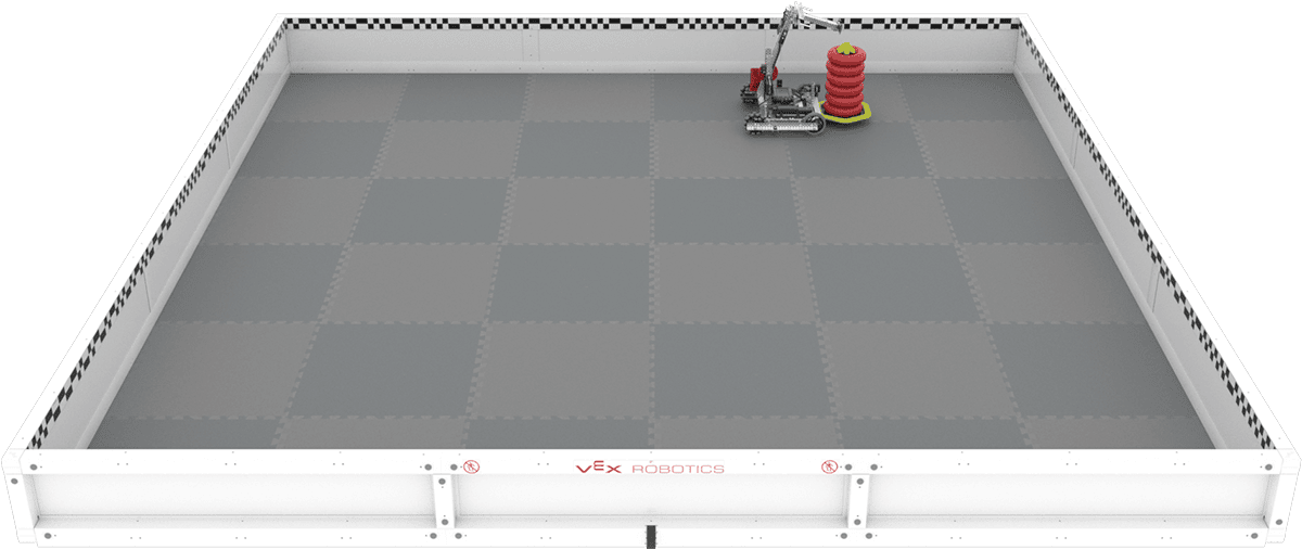 Úhlový pohled na robota na poli V5RC. Jako příklad je zobrazen robot v nové pozici.