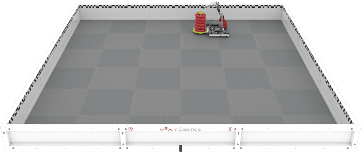 Vista en ángulo del robot en el campo V5RC. El robot se muestra en una nueva posición como ejemplo.