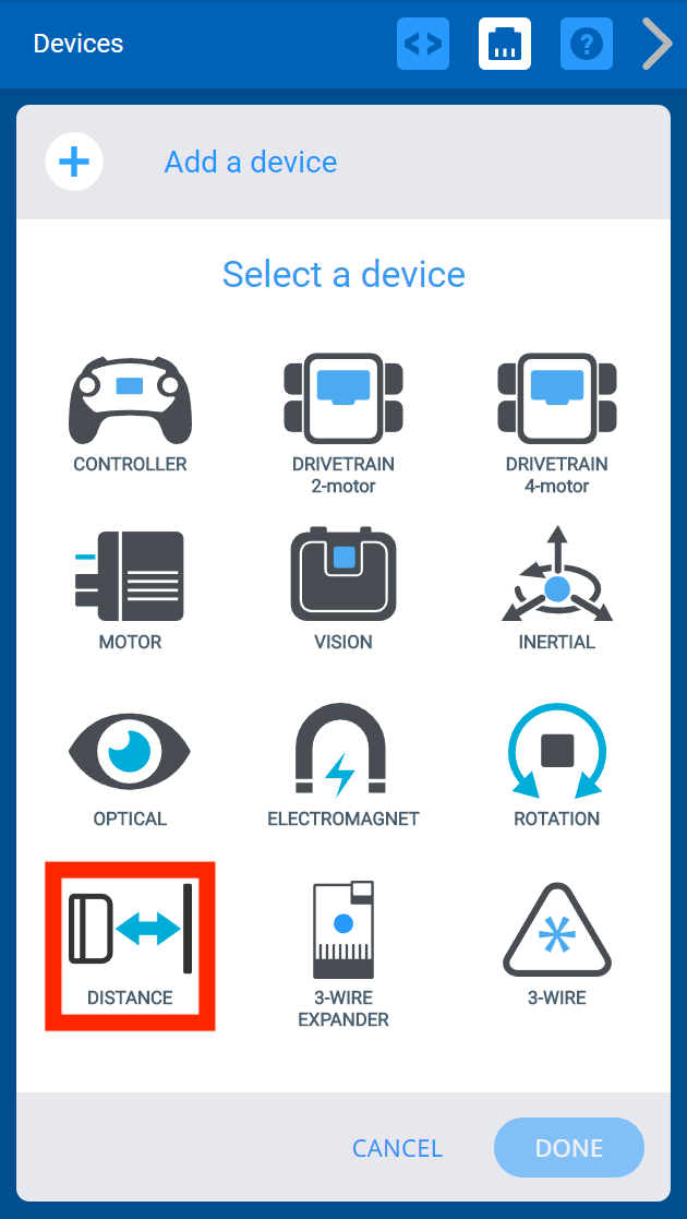 Menu Thiết bị VEXcode V5 sau khi nút Thêm thiết bị được chọn. Tùy chọn Khoảng cách được tô sáng.