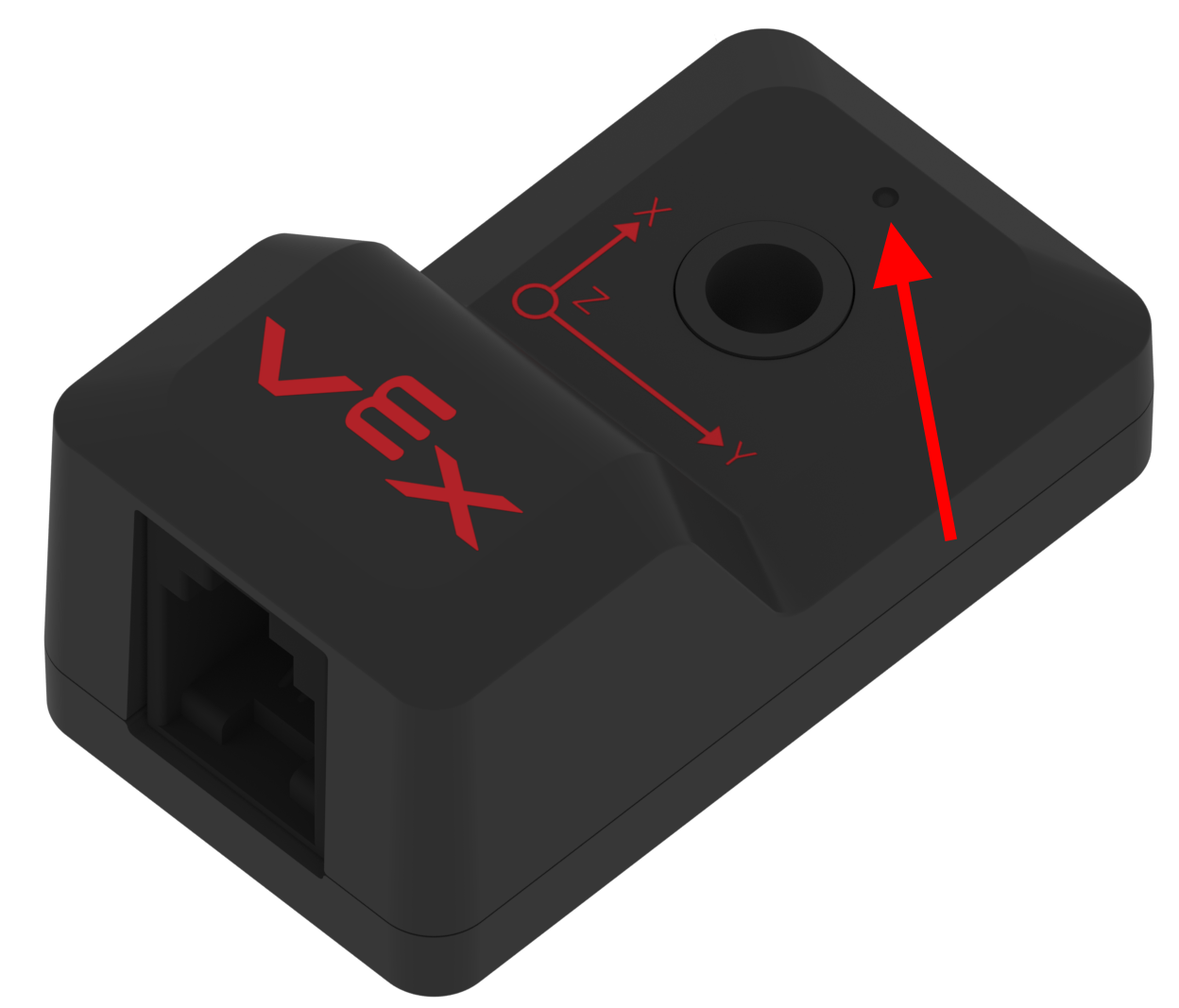 Schuine weergave van de V5-inertiële sensor, waarbij het kleine sensorreferentiepunt is gemarkeerd.