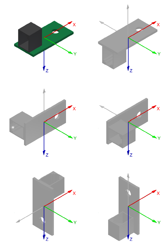Es werden sechs verschiedene Montageausrichtungen für den Inertialsensor gezeigt, um zu verdeutlichen, dass die Ausgangsausrichtung keine Rolle spielt.