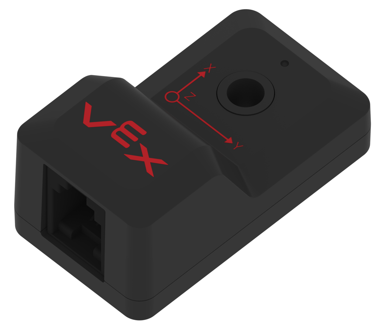 Pandangan sudut dari Sensor Inersia V5. Diagram cetak yang menunjukkan orientasi Sensor Inersia terlihat dari sudut ini.
