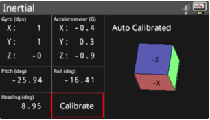 Layar otak ditampilkan di menu Sensor Inersia yang mencantumkan data sensor. Menu melaporkan data nilai Gyro sensor untuk setiap sumbu, nilai Akselerometer untuk setiap sumbu, Pitch dalam derajat, Roll dalam derajat, dan Heading dalam derajat. Menu juga memiliki diagram yang memvisualisasikan orientasi sensor dan status kalibrasinya. Ada juga tombol Kalibrasi yang disorot.
