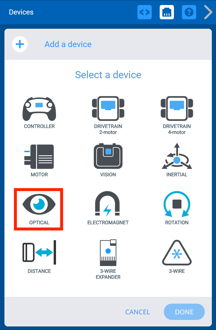 Menu VEXcode V5 devices após selecionar o botão Adicionar um dispositivo. A opção Óptica está realçada.