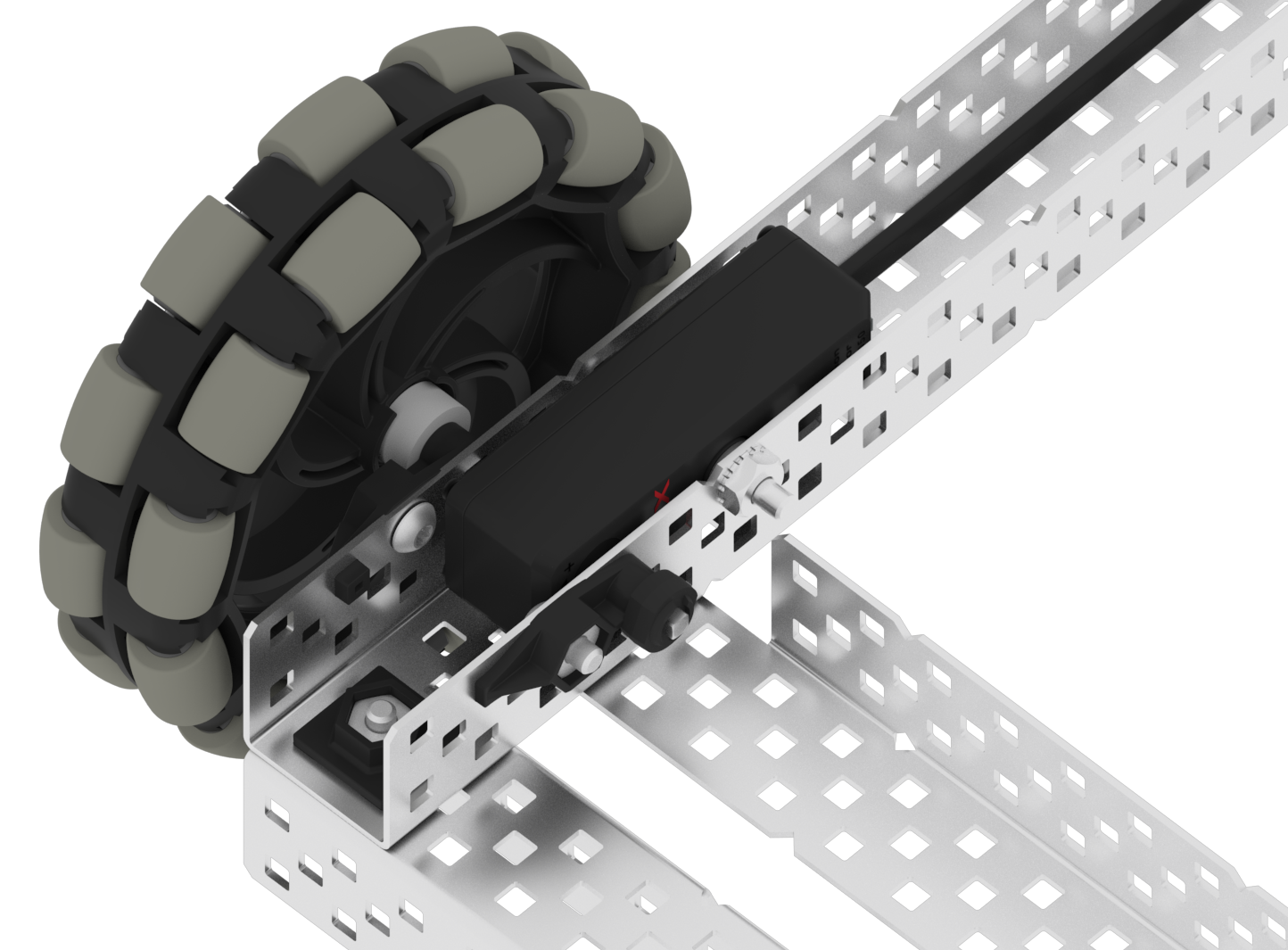 De rotatiesensor is afgebeeld in een C-kanaalstuk met een as erdoorheen. De as is ook bevestigd aan een wiel, dat wordt bewaakt door een rotatiesensor. Er wordt een Smart Cable weergegeven die van de rotatiesensor loopt en aangesloten moet worden op een Smart Port op de V5 Brain.