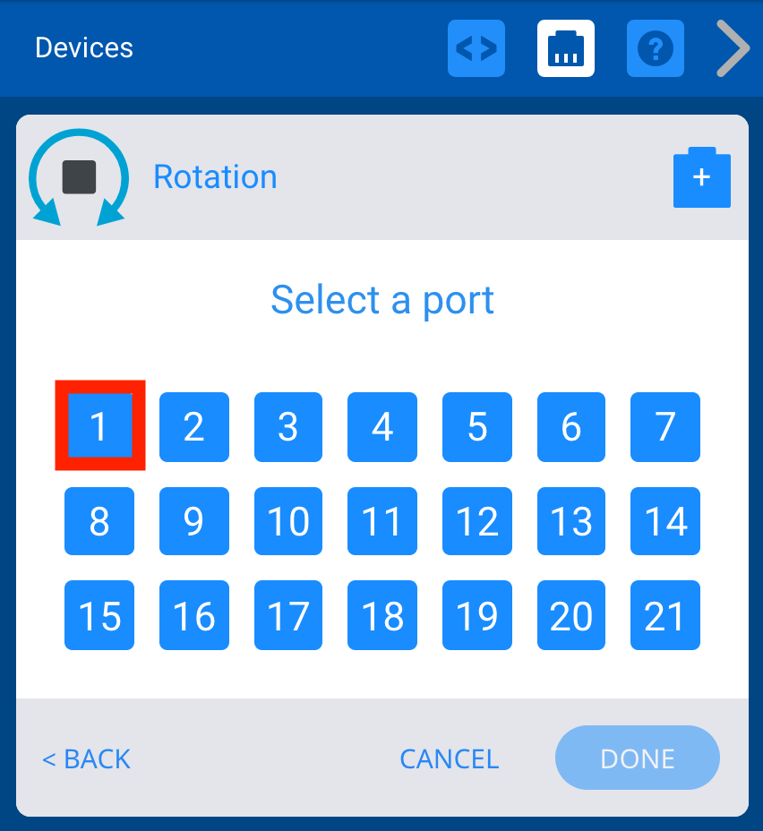 VEXcode V5 Eszközök menü a Smart Port menüvel. Az első intelligens port ki van jelölve.