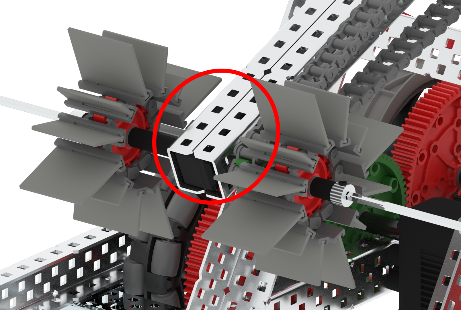 2020 - 2021 VEX ロボット競技ゲーム「Change Up」のビルドで見られるように、ロボットのアームのシャフトの内側に配置され、ロボットを正確な高さに移動させる回転センサーのクローズアップ。