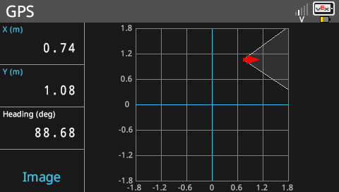 Obrazovka Brain se zobrazuje v nabídce GPS senzorů, která obsahuje data ze senzoru. V tomto příkladu je poloha X 0,74 metru, poloha Y 1,08 metru a směr je 88,68 stupňů. V nabídce je také diagram umístění senzoru a směru pohybu na poli, který odpovídá nové poloze robota.