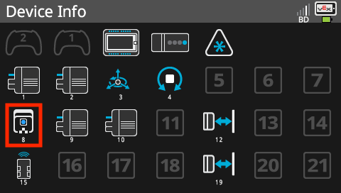 La pantalla del cerebro se muestra en el menú Información del dispositivo, que tiene una lista de todos los puertos inteligentes del cerebro y los dispositivos conectados. El icono del sensor GPS en el menú Información del dispositivo está resaltado para indicar que se pueden seleccionar elementos para abrir sus menús de información.