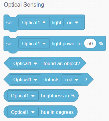 VEXcode V5 avec la boîte à outils de blocs affichée. La catégorie de blocs « Détection optique » est désormais disponible.