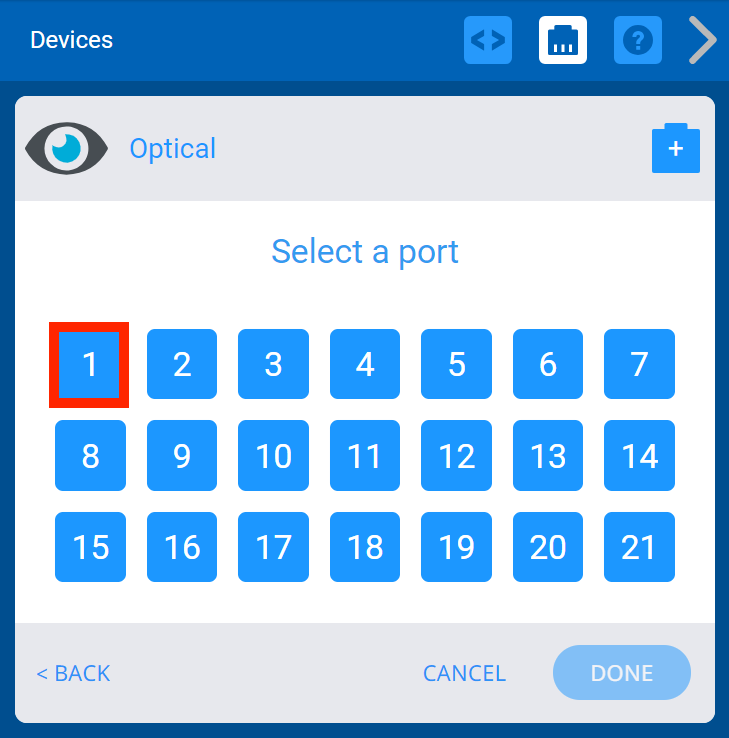 เมนูอุปกรณ์ VEXcode V5 พร้อมเมนู Smart Port ที่แสดงไว้ เน้นที่สมาร์ทพอร์ตแรก