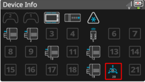 La pantalla del cerebro se muestra en el menú Información del dispositivo, que tiene una lista de todos los puertos inteligentes y dispositivos conectados del cerebro. El icono del sensor inercial en el menú Información del dispositivo está resaltado para indicar que se pueden seleccionar elementos para abrir sus menús de información.