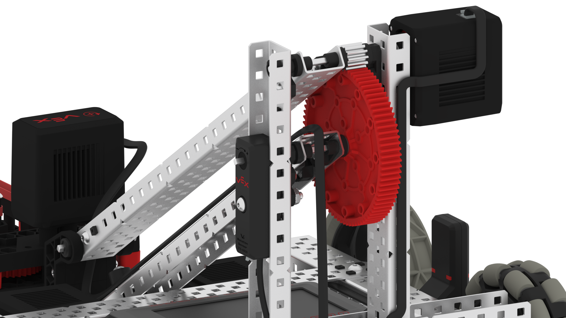 Gros plan sur un capteur de rotation d'un robot V5. Ce capteur de rotation est fixé sur le même arbre qu'un grand engrenage entraîné par un petit engrenage fixé à un moteur, utilisant ainsi le capteur pour mesurer le rapport de transmission.