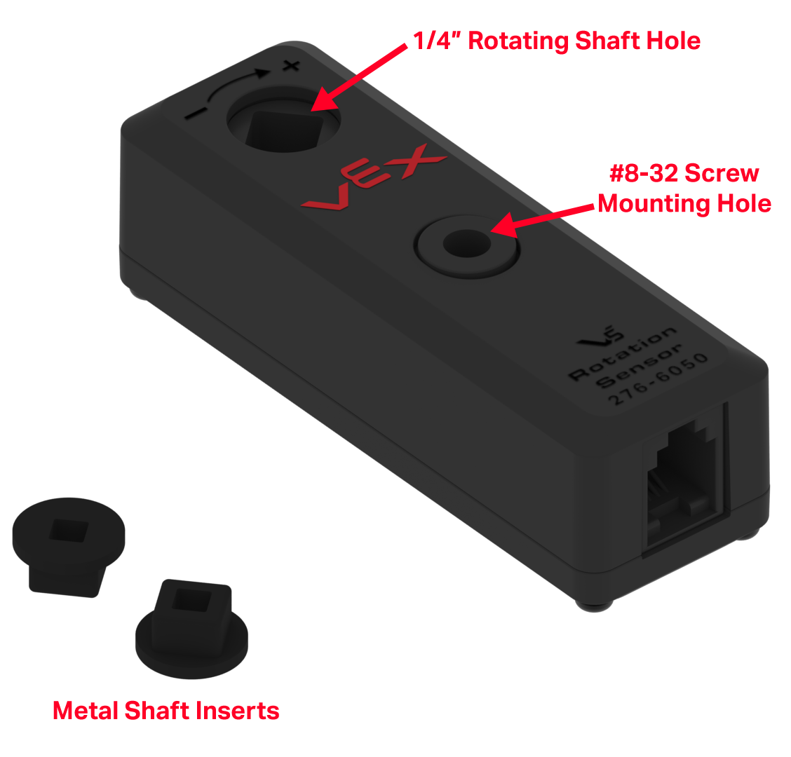 Tampilan sudut Sensor Rotasi V5 dengan fitur-fiturnya ditampilkan dan diberi label. Lubang Poros Putar 1/4 dan Lubang Pemasangan Sekrup #8-32 diberi label, dan di sampingnya terdapat dua Sisipan Poros Logam yang diberi label.