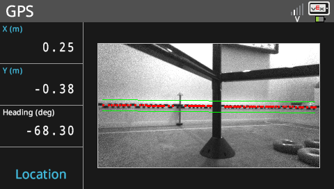 O ecrã do cérebro é apresentado no menu do sensor GPS, que lista os dados do sensor. O botão Imagem foi selecionado e agora é apresentada uma pré-visualização de vídeo em direto em vez da grelha de localização. Uma sobreposição indica que o sensor consegue visualizar e está a acompanhar o código de campo GPS. O botão Imagem apresenta agora Localização.