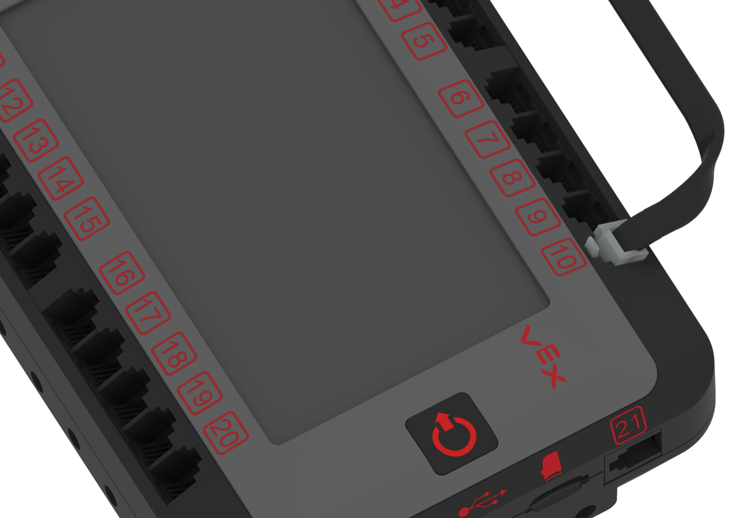 Das V5 Brain ist mit einem Smart Cable abgebildet, das an einen seiner Smart Ports angeschlossen ist. Intelligente Kabel können verwendet werden, um Sensoren und andere Geräte mit dem Gehirn zu verbinden.