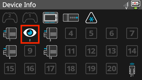 Layar Brain ditampilkan di menu Info Perangkat yang memiliki daftar semua Port Cerdas Brain dan perangkat yang terhubung. Ikon Sensor Optik di menu Info Perangkat disorot untuk menunjukkan bahwa item dapat dipilih untuk membuka menu informasinya.