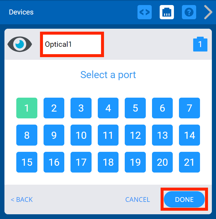 Menu urządzeń VEXcode V5 po ustawieniu opcji Smart Port nowego czujnika optycznego na 1. Powyżej wyróżniono nazwę urządzenia, aby wskazać, że można ją zmienić. Poniżej zaznaczony jest przycisk Gotowe.
