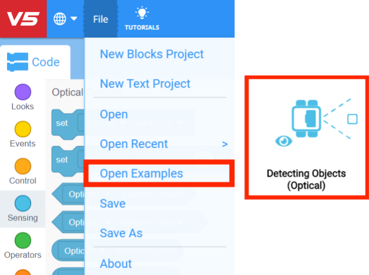 Thanh công cụ VEXcode V5 với menu Tệp mở và tùy chọn Mở ví dụ được tô sáng. Mở ví dụ là tùy chọn thứ năm trong menu, bên dưới Dự án khối mới, Dự án văn bản mới, Mở và Mở gần đây. Bên cạnh ảnh chụp màn hình, hình thu nhỏ của dự án ví dụ Phát hiện đối tượng (Quang học) cũng được hiển thị.