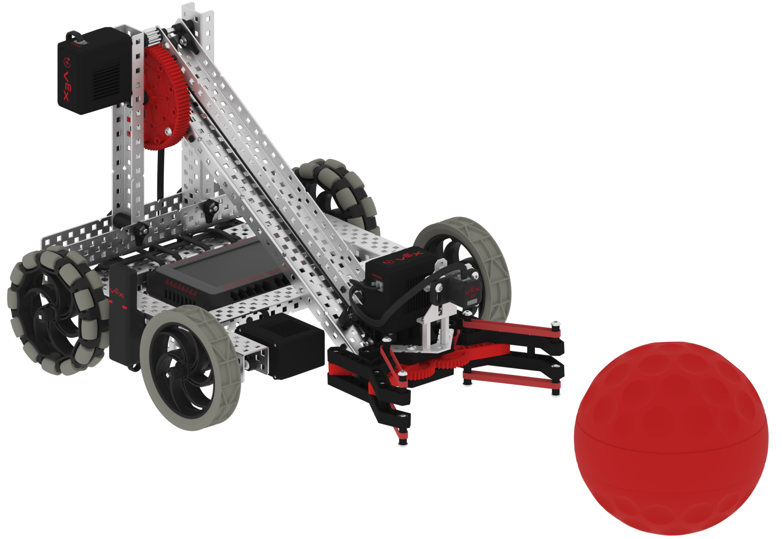 V5 光学センサーは、V5 ロボット ビルドのクロー アームに取り付けられています。 センサーの前に赤いボールが表示され、光学センサーを使用して競技中の色付きのゲーム オブジェクトを検出できることを示します。