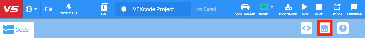 VEXcode V5 Toolbar mit hervorgehobenem Gerätesymbol zwischen den Symbolen Code Viewer und Druckkonsole.