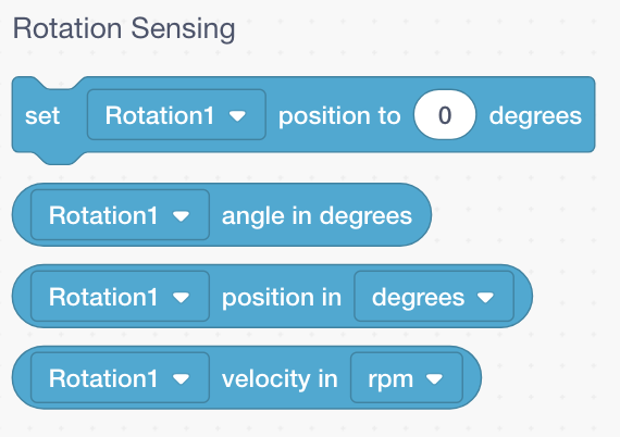 Құралдар жинағы көрсетілген блоктары бар VEXcode V5. Блоктардың Rotation Sensing санаты енді қол жетімді.