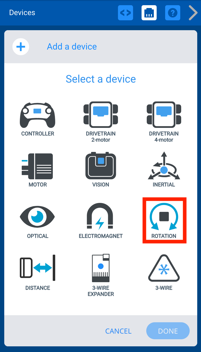 Menu Thiết bị VEXcode V5 sau khi nút Thêm thiết bị được chọn. Tùy chọn Xoay được tô sáng.