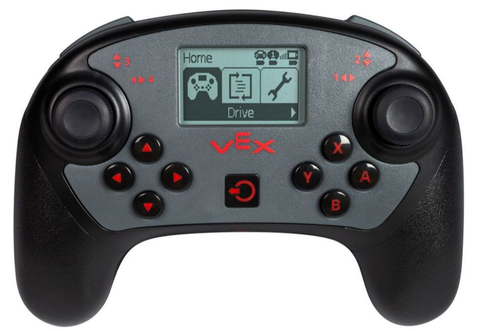 Vue de l'utilisateur de la manette V5, présentant son écran LCD, ses deux joysticks analogiques et ses 12 boutons. La face principale de la manette, près des joysticks, comporte 8 boutons circulaires répartis en deux groupes de quatre, et sa face avant comporte quatre boutons de tranche.